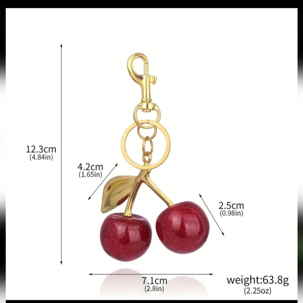 Cherry Keychain High Quality Resin Yellow Gold Hardward Bag Charm Red Cherry 🍒 - Picture 7 of 7